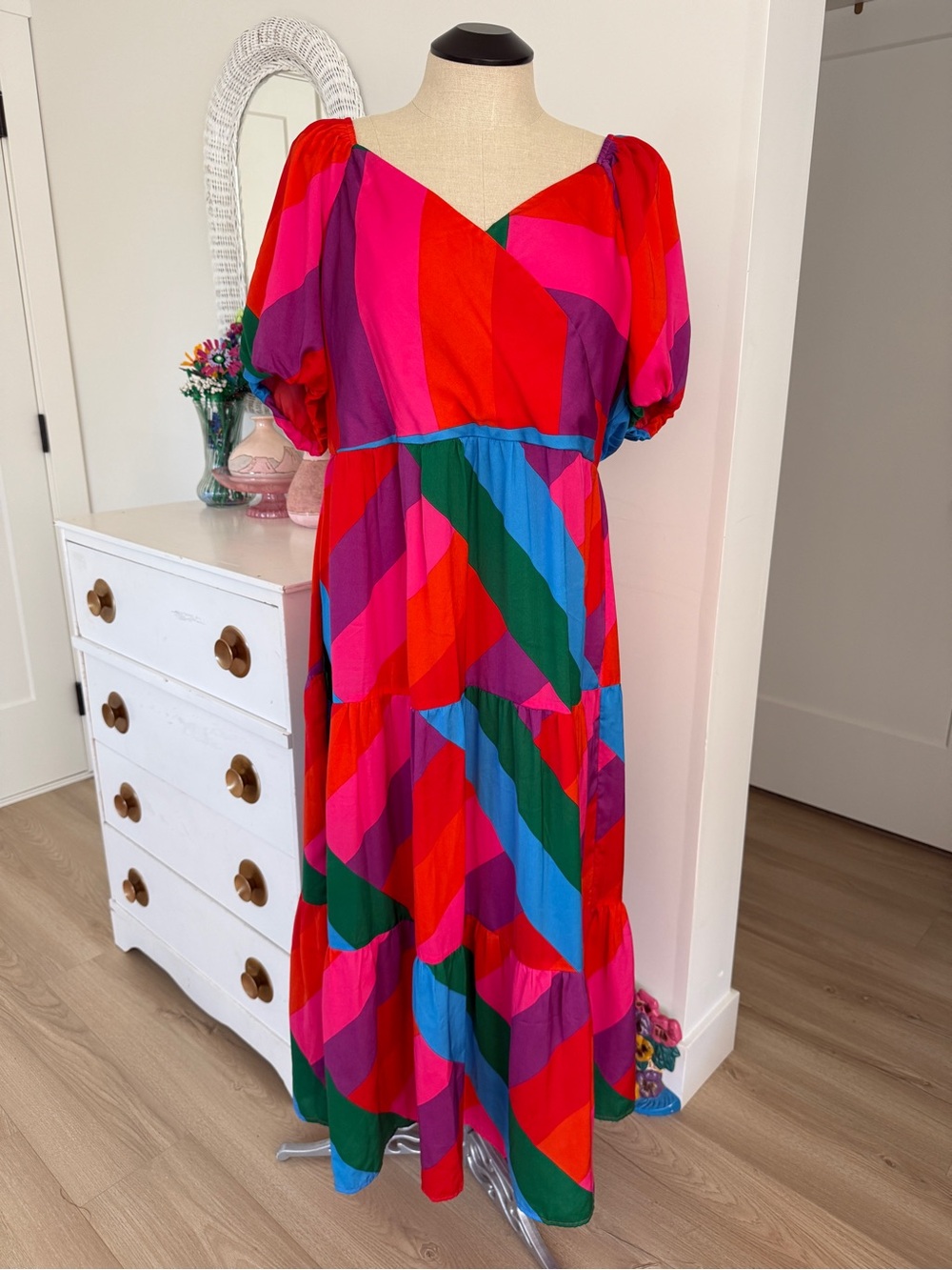 Plus Size Skies Are Blue Red Pink Blue Green Diagonal-Stripe Maxi Dress - 2X